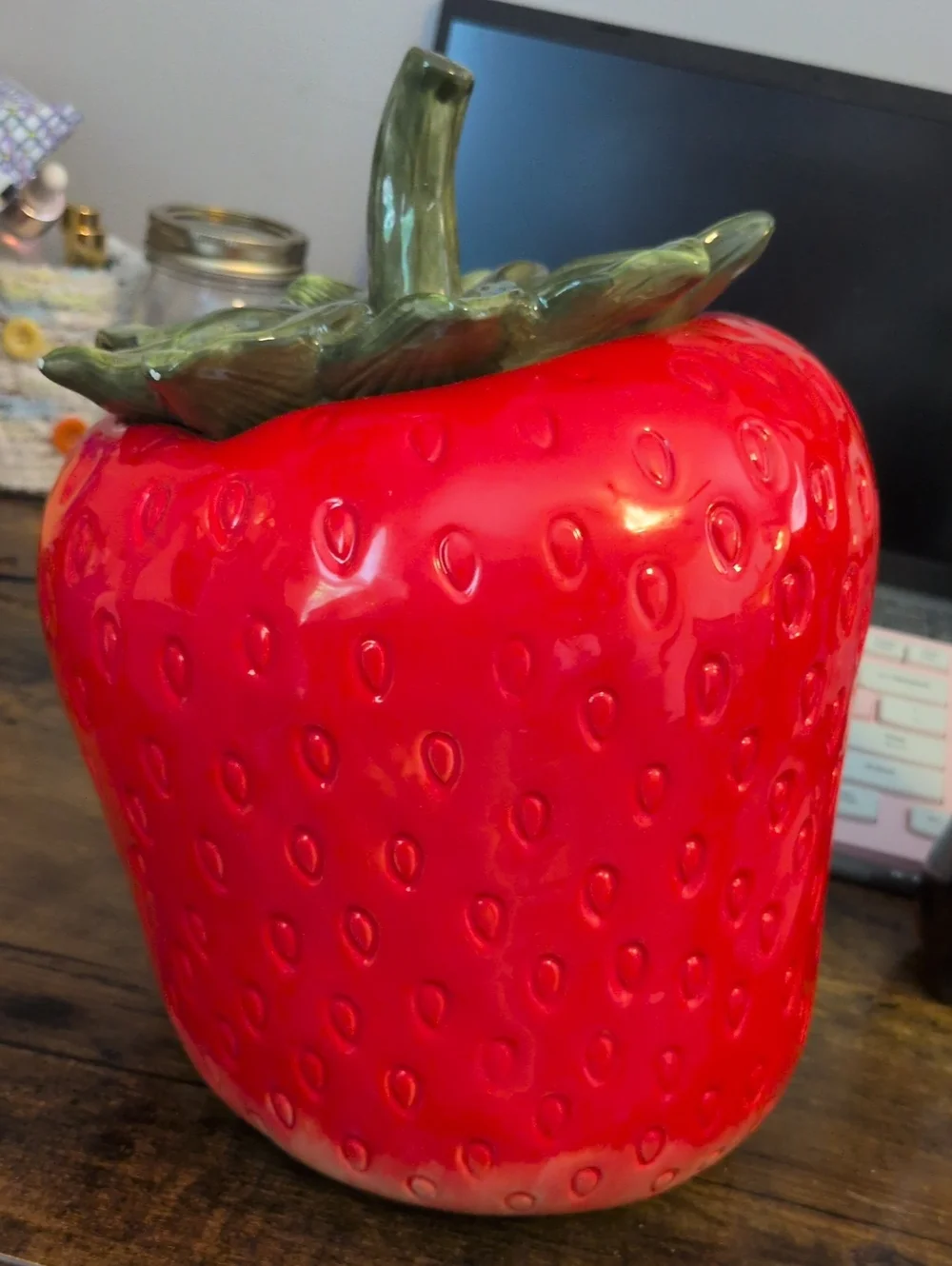 Red Strawberry Ceramic Cookie Jar with Green Lid Beautiful New